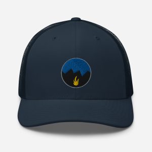 Mountain Fire – Retro Trucker Hat by Perspective Creative. This is a six-panel Yupoong Retro Trucker Cap (6606) with a mesh back.